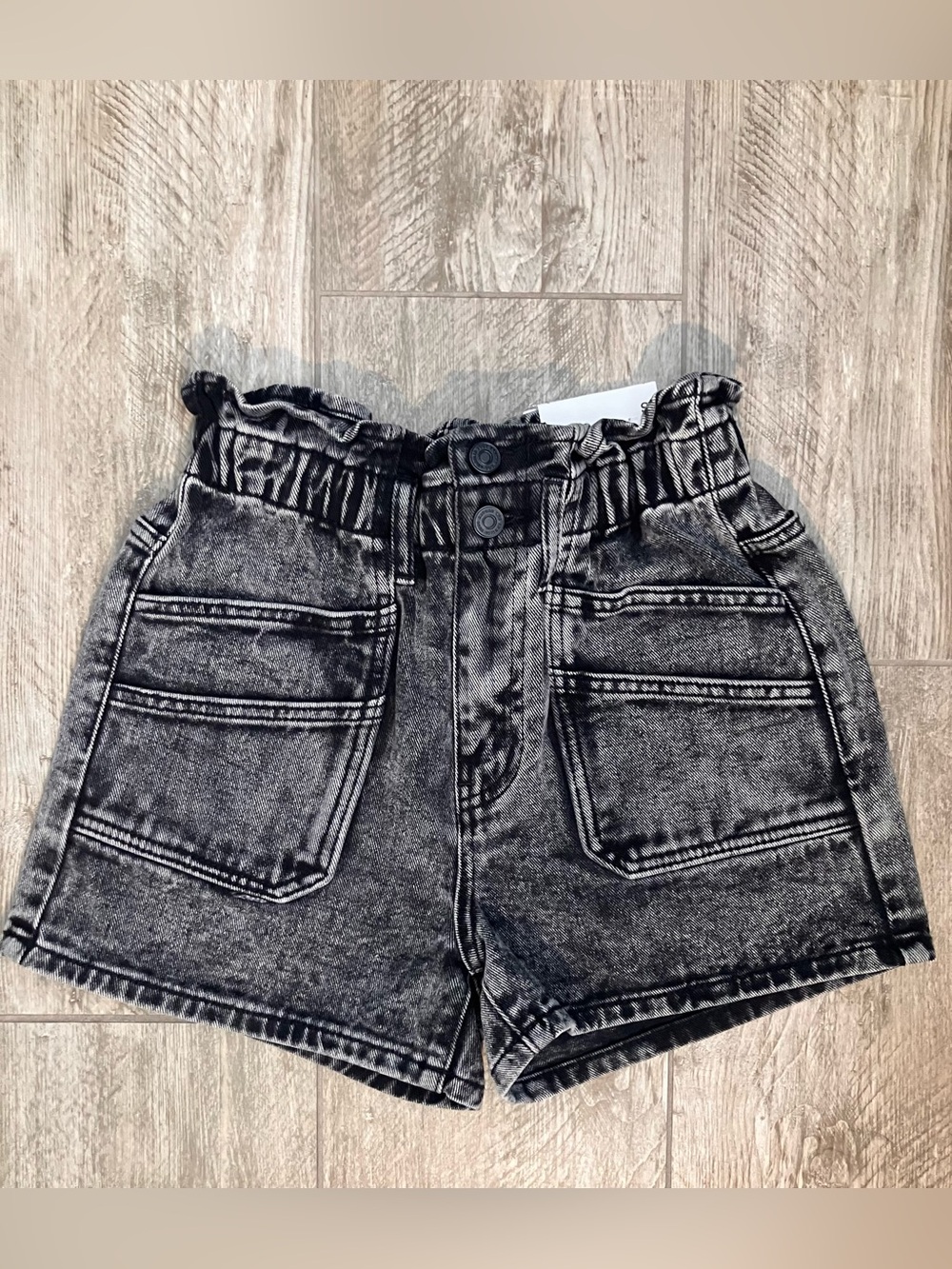 KanCan Washed Black High-Rise Paperbag Denim Shorts